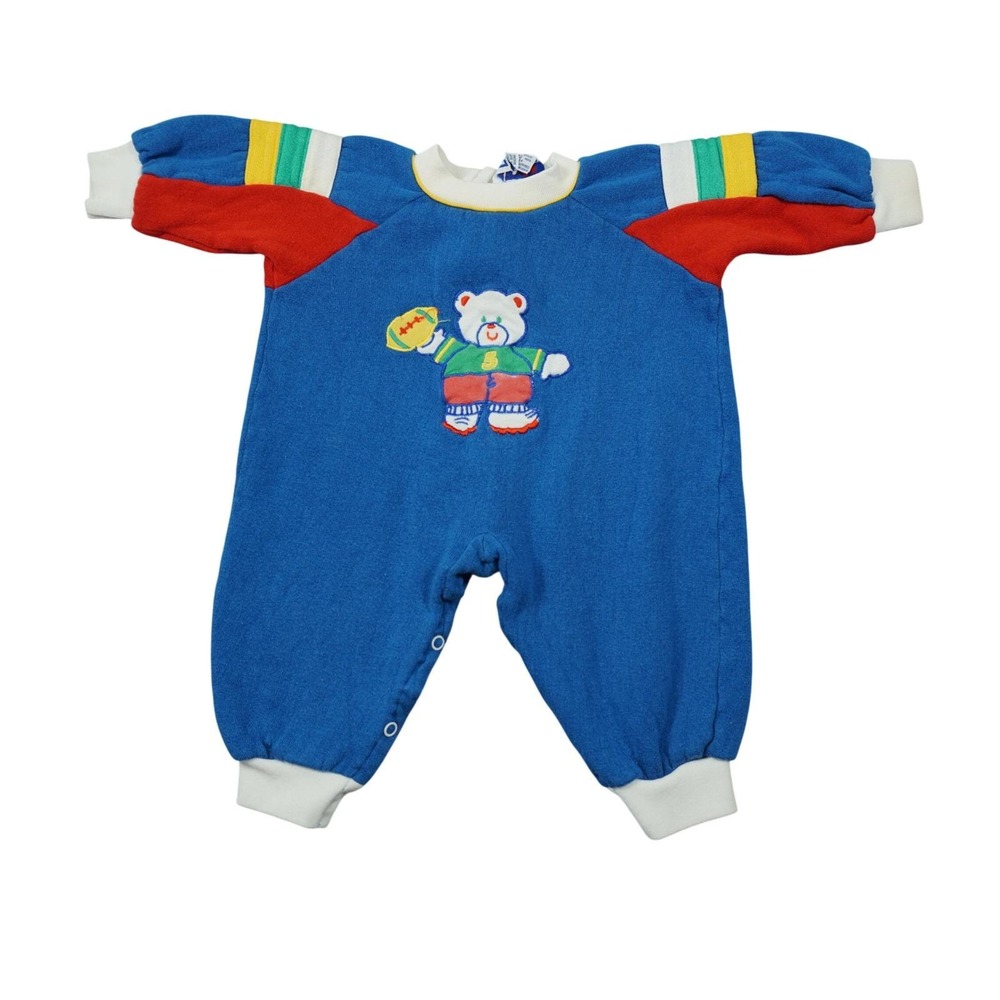 Vintage Color Track Doe-Spun Baby Romper Adorable Blue Color Block Bear Football